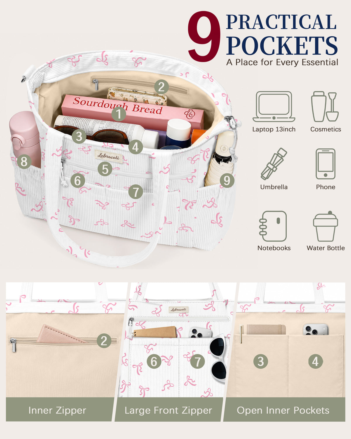 Ribbon Bow Corduroy Tote Bag