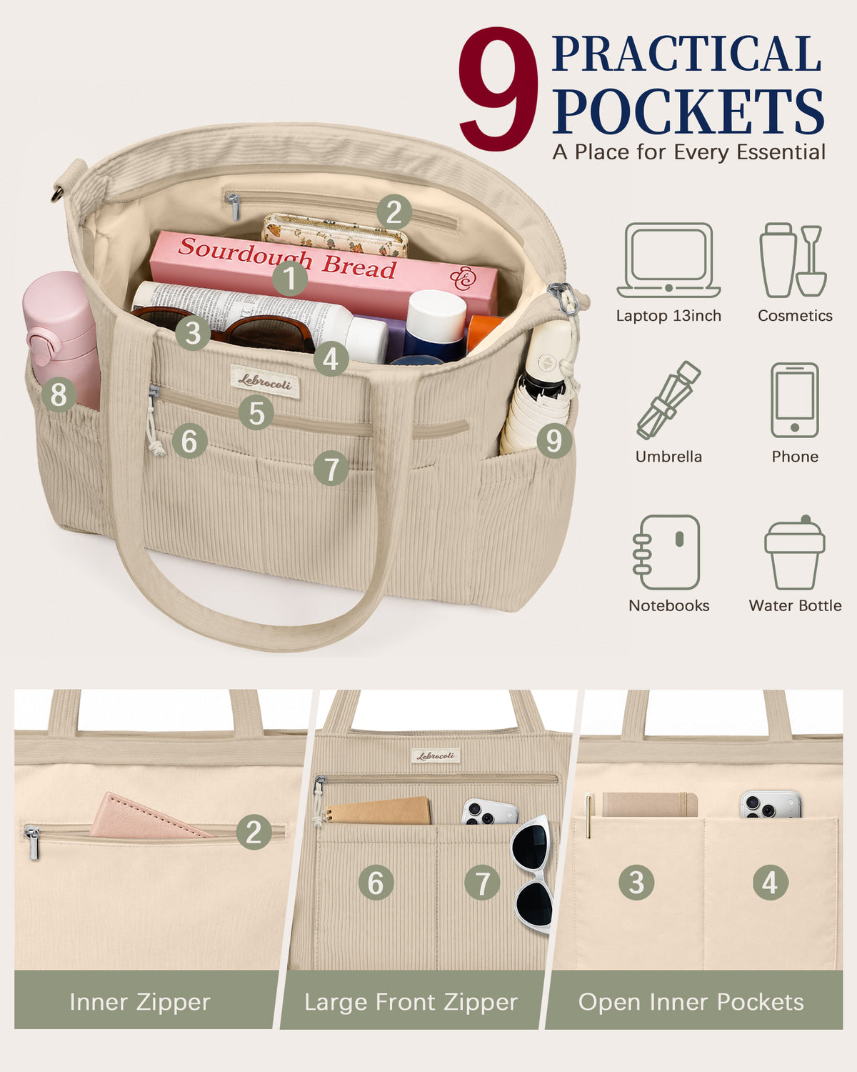 Khaki Corduroy Tote Bag
