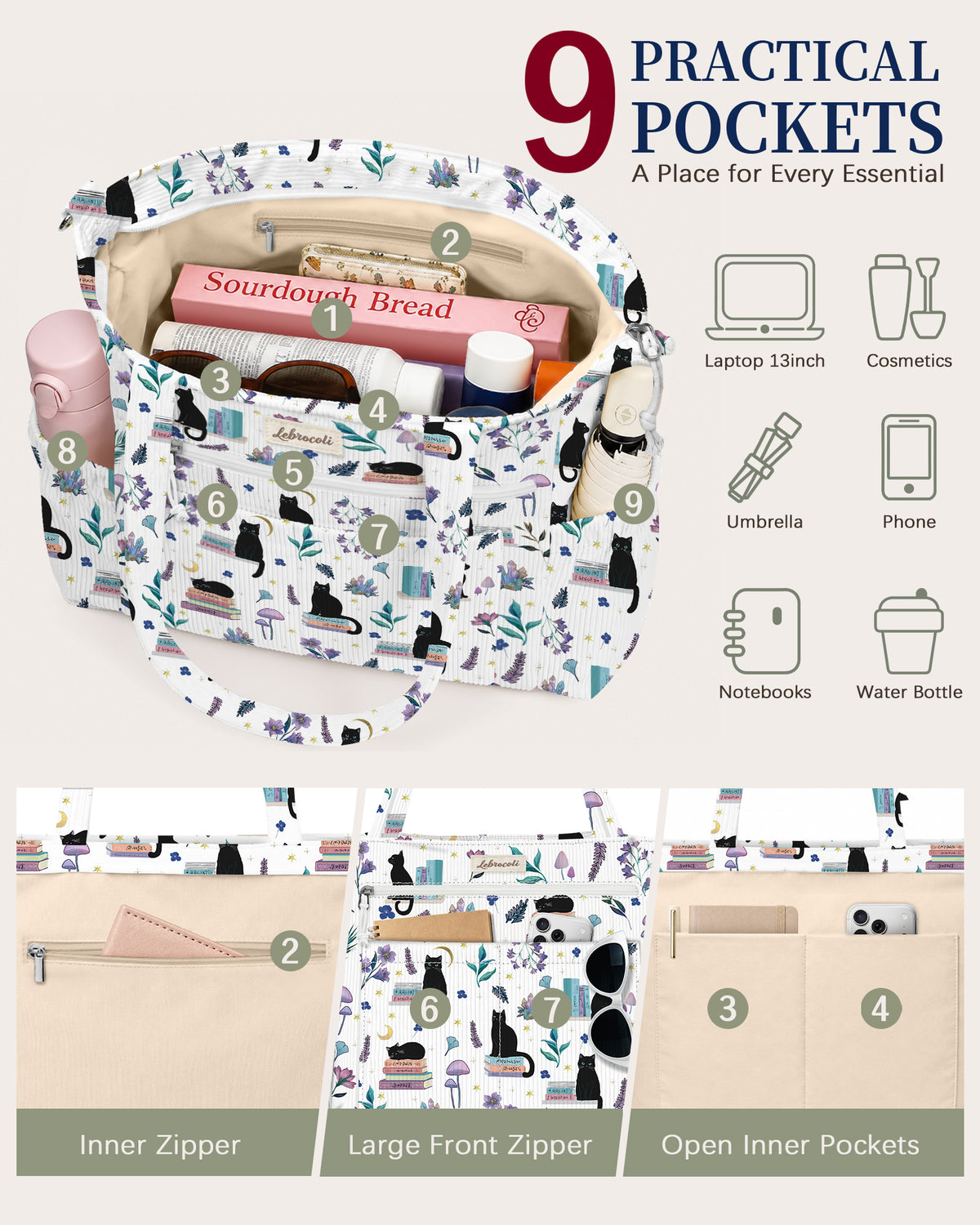 Cat Books Corduroy Tote Bag