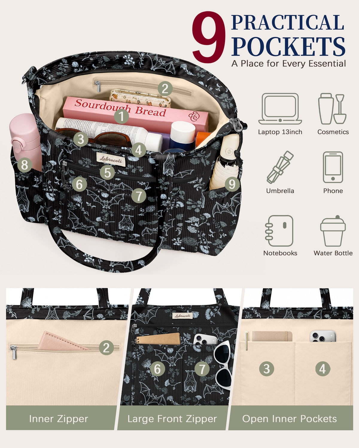 Gothic Bats Corduroy Tote Bag
