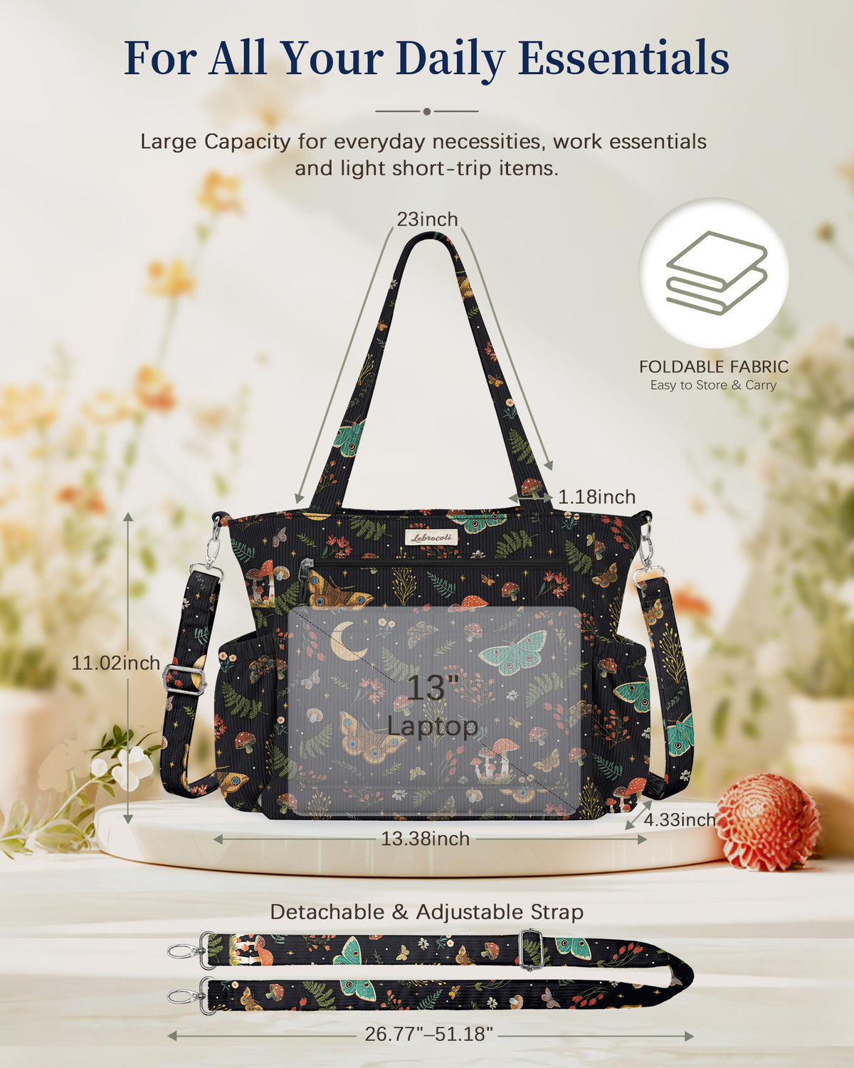 Mushroom and Butterfly Corduroy Tote Bag