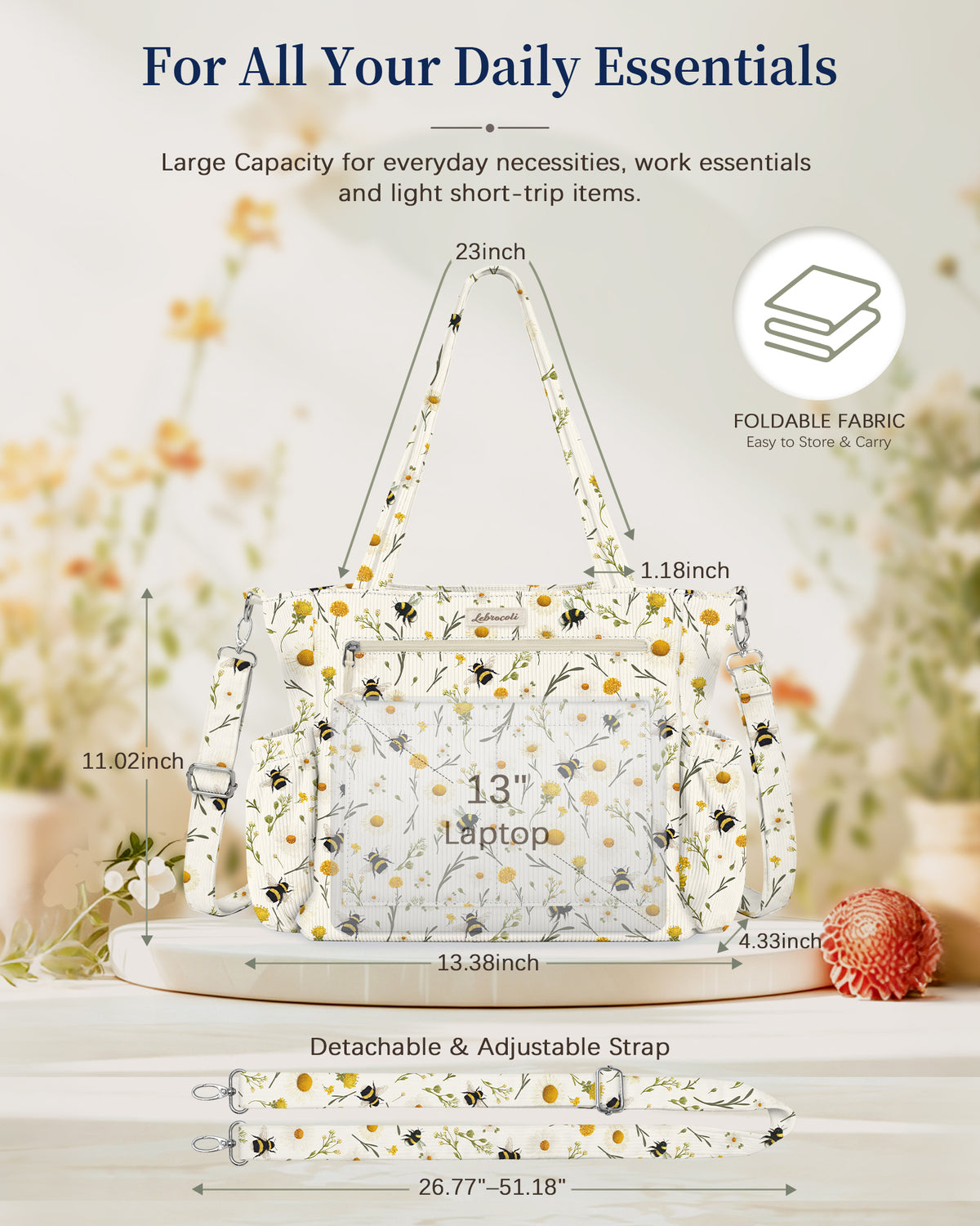 Bee and Florals Corduroy Tote Bag