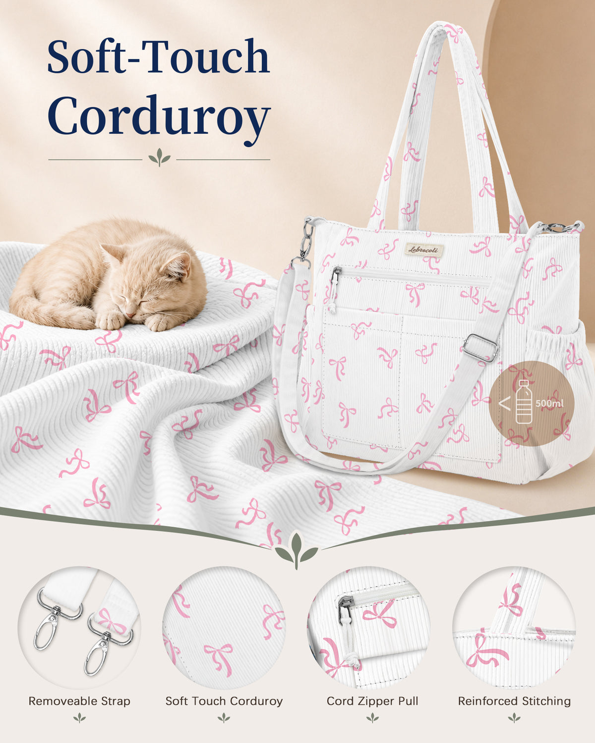 Ribbon Bow Corduroy Tote Bag