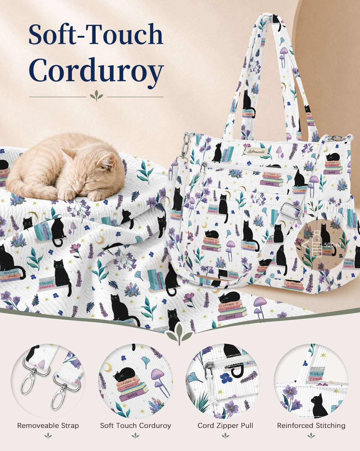 Cat Books Corduroy Tote Bag