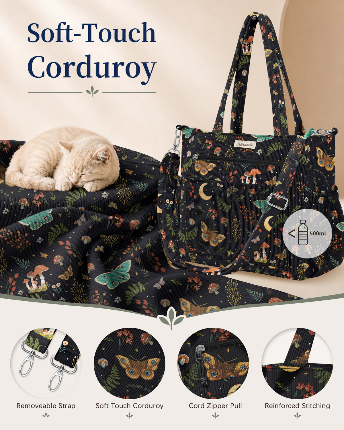 Mushroom and Butterfly Corduroy Tote Bag