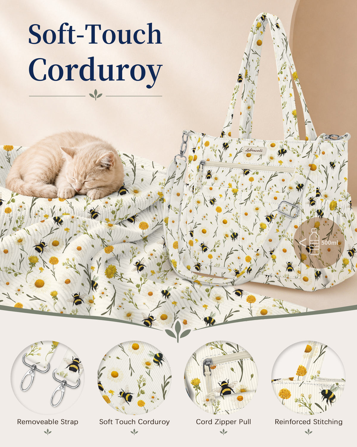 Bee and Florals Corduroy Tote Bag