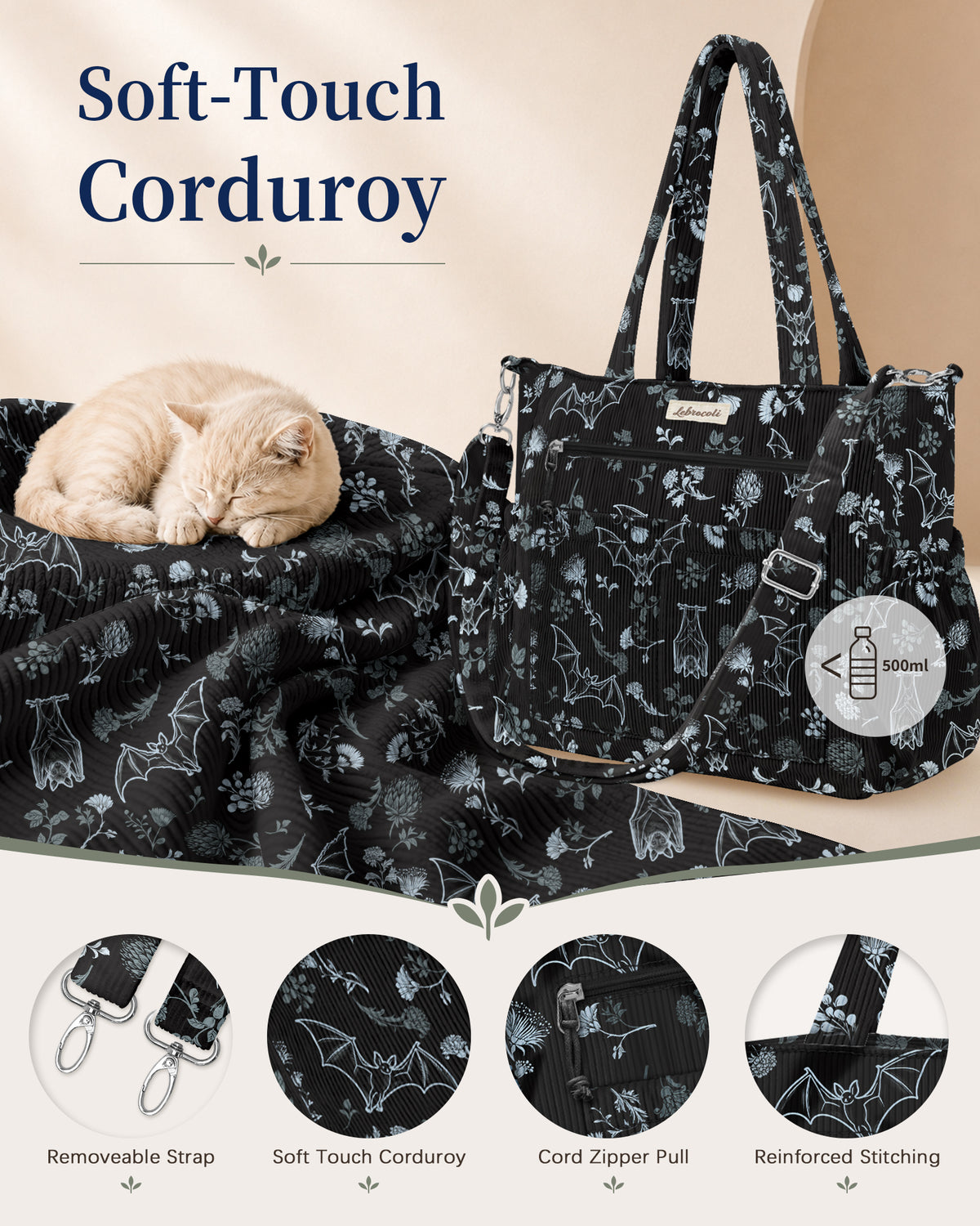 Gothic Bats Corduroy Tote Bag