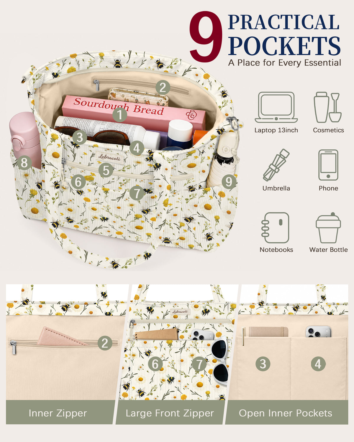 Bee and Florals Corduroy Tote Bag
