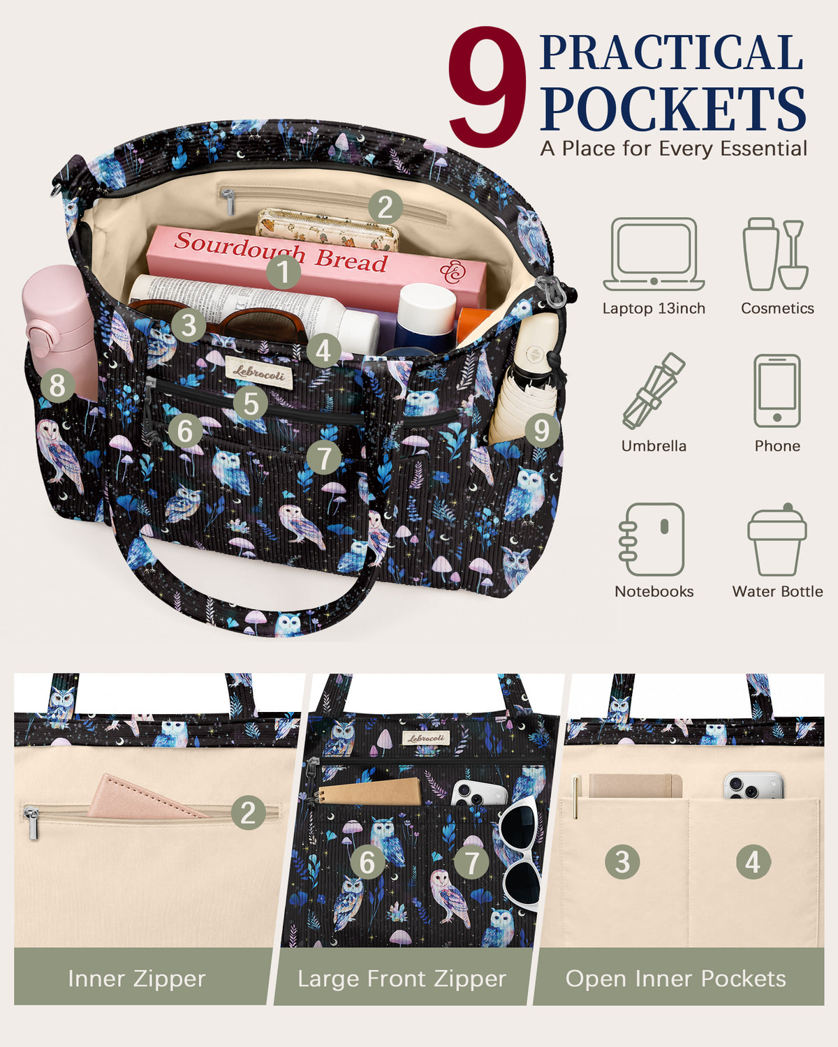 Moon Owl Corduroy Tote Bag