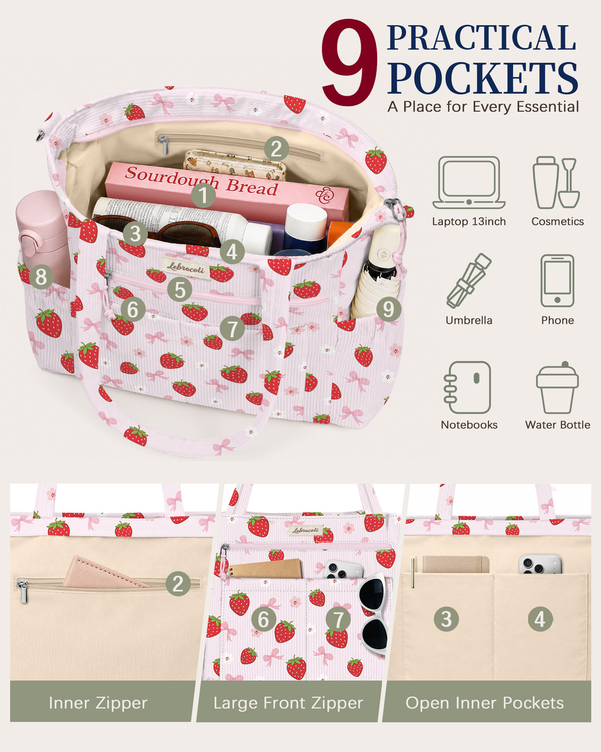Strawberry Corduroy Tote Bag