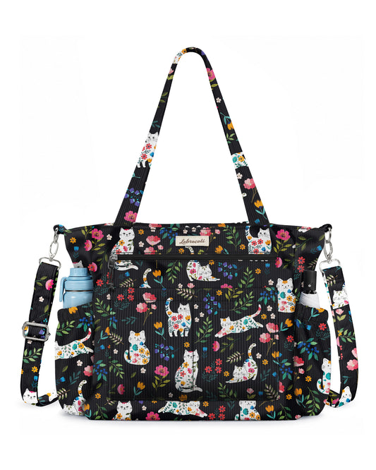 Vintage Cat Flower Corduroy Tote Bag