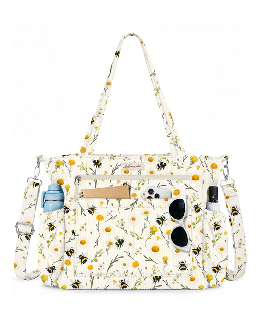 Bee and Florals Corduroy Tote Bag