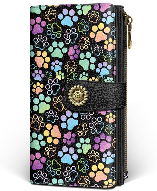 Women's RFID Wallet - Puppy Dog Paw Bifold Wallet with Zipper Coin Pocket