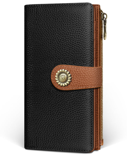 Women's RFID Wallet - Black Caramel Bifold Wallet with Zipper Coin Pocket