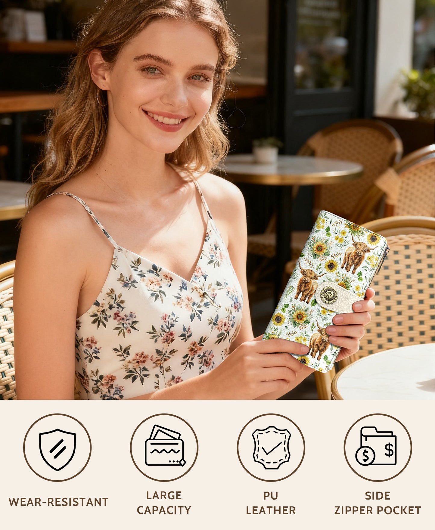 Women's Fashion Wallet - Sunflower & Cow Print