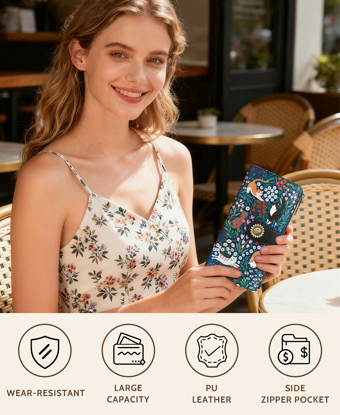 Women's Vintage Fashion Wallet - Playful Cat Pattern