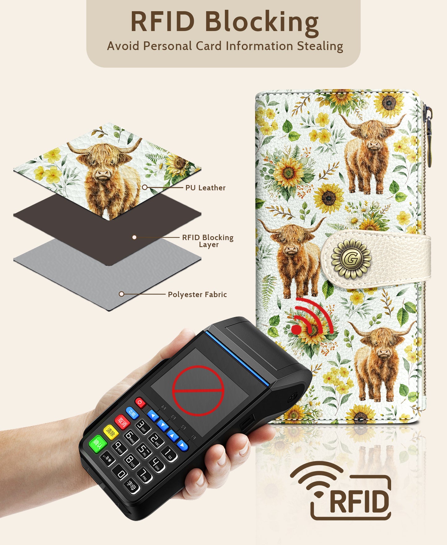 Women's Fashion Wallet - Sunflower & Cow Print