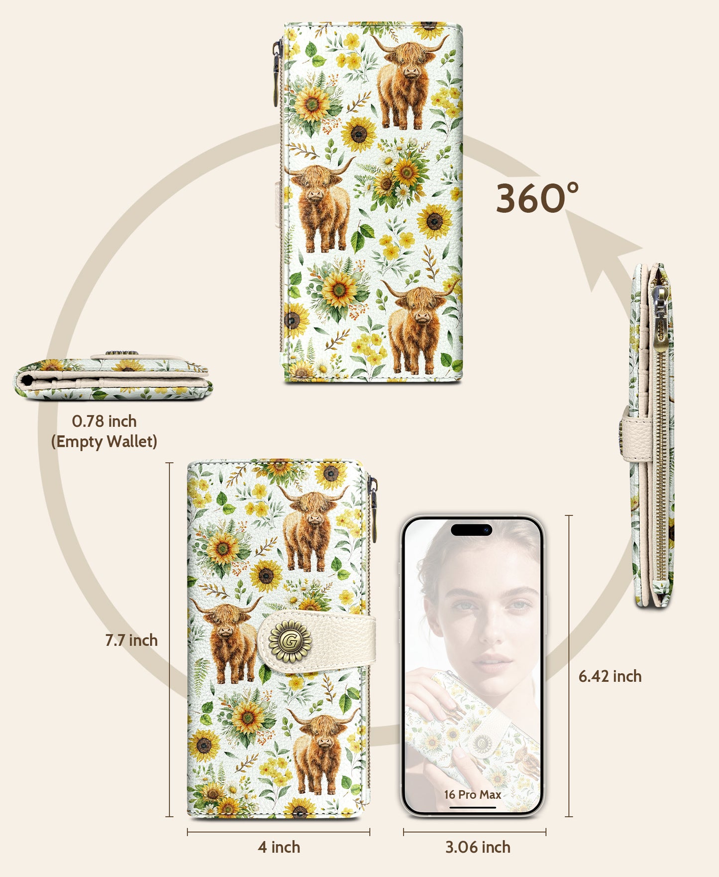 Women's Fashion Wallet - Sunflower & Cow Print