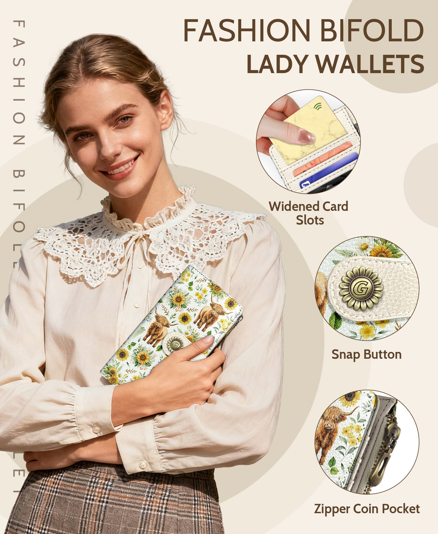 Women's Fashion Wallet - Sunflower & Cow Print