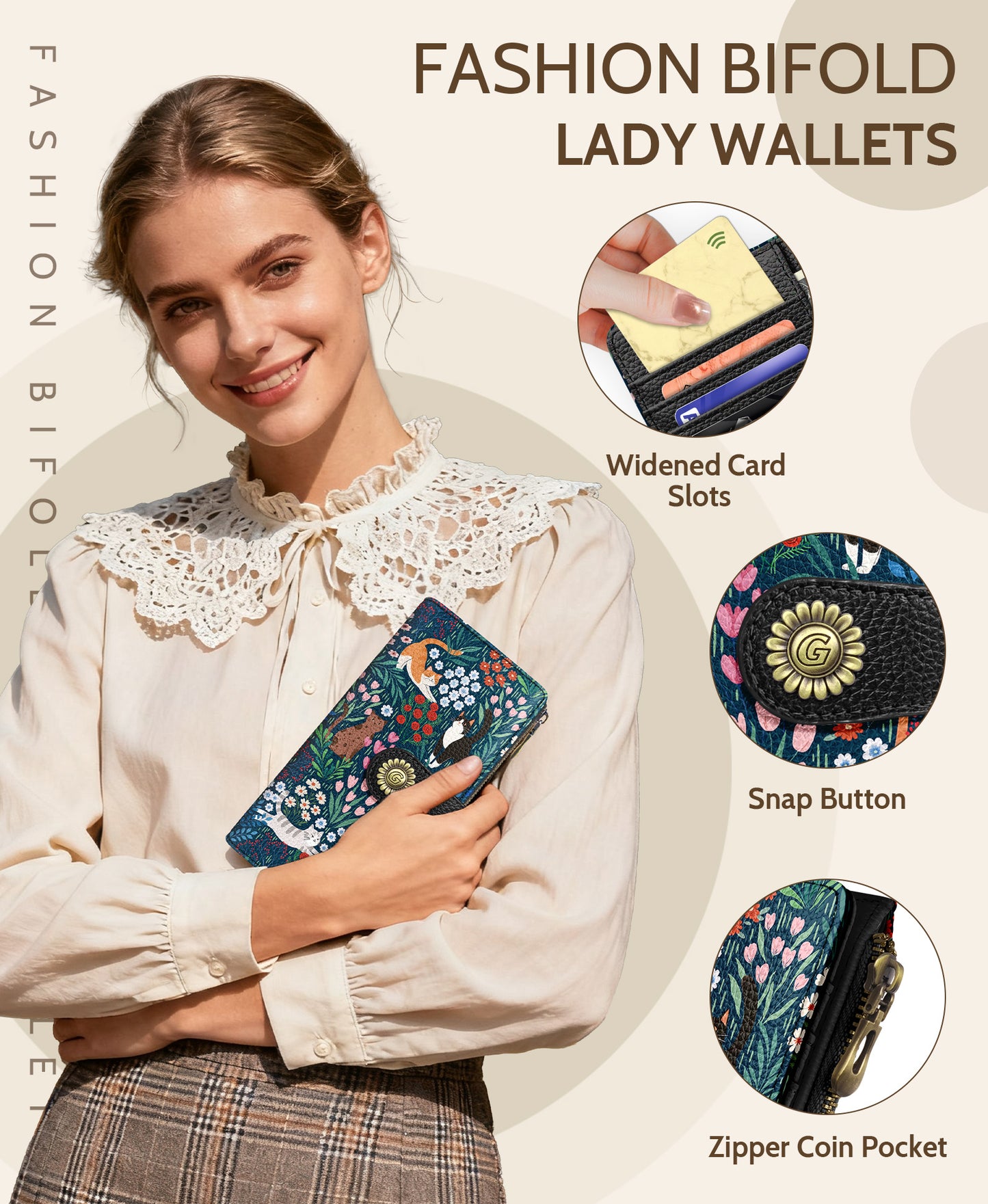 Women's Vintage Fashion Wallet - Playful Cat Pattern
